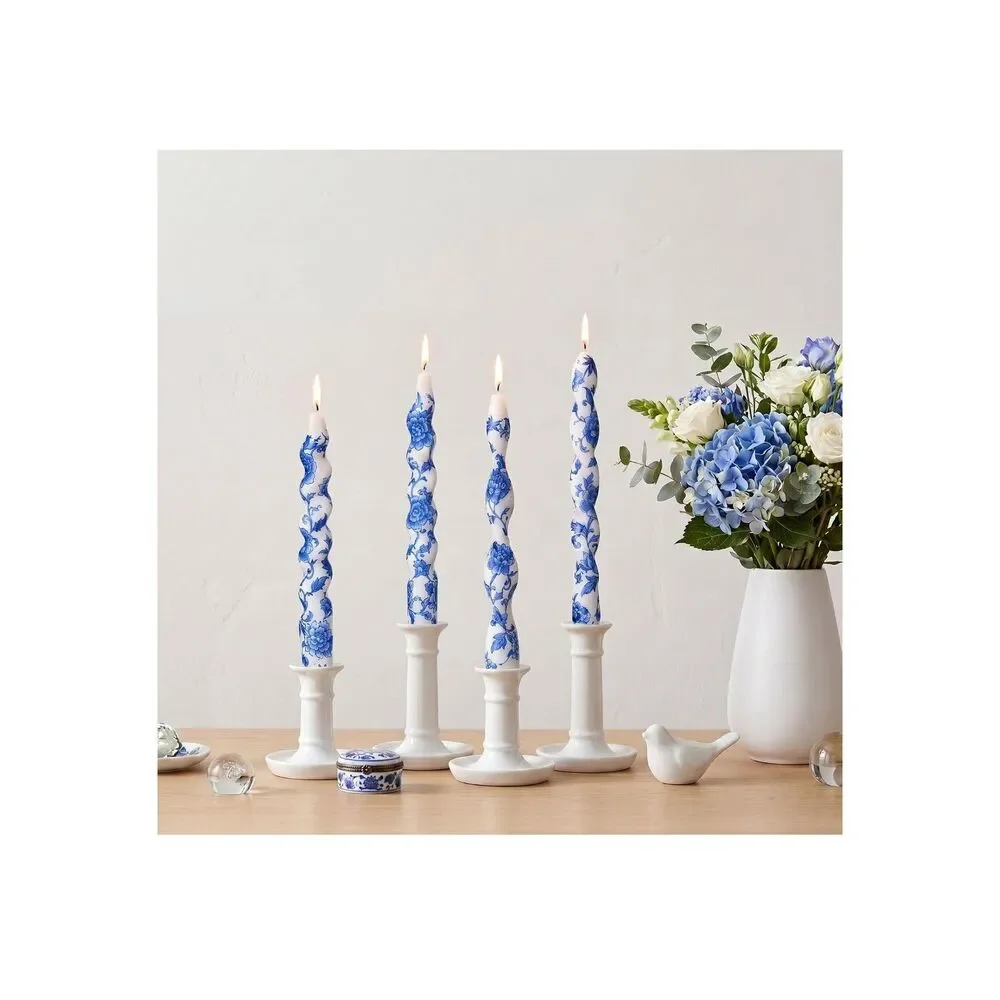 4-Pc Nuanchu Chinoiserie Spiral Taper Candles - Blue & White Swirl